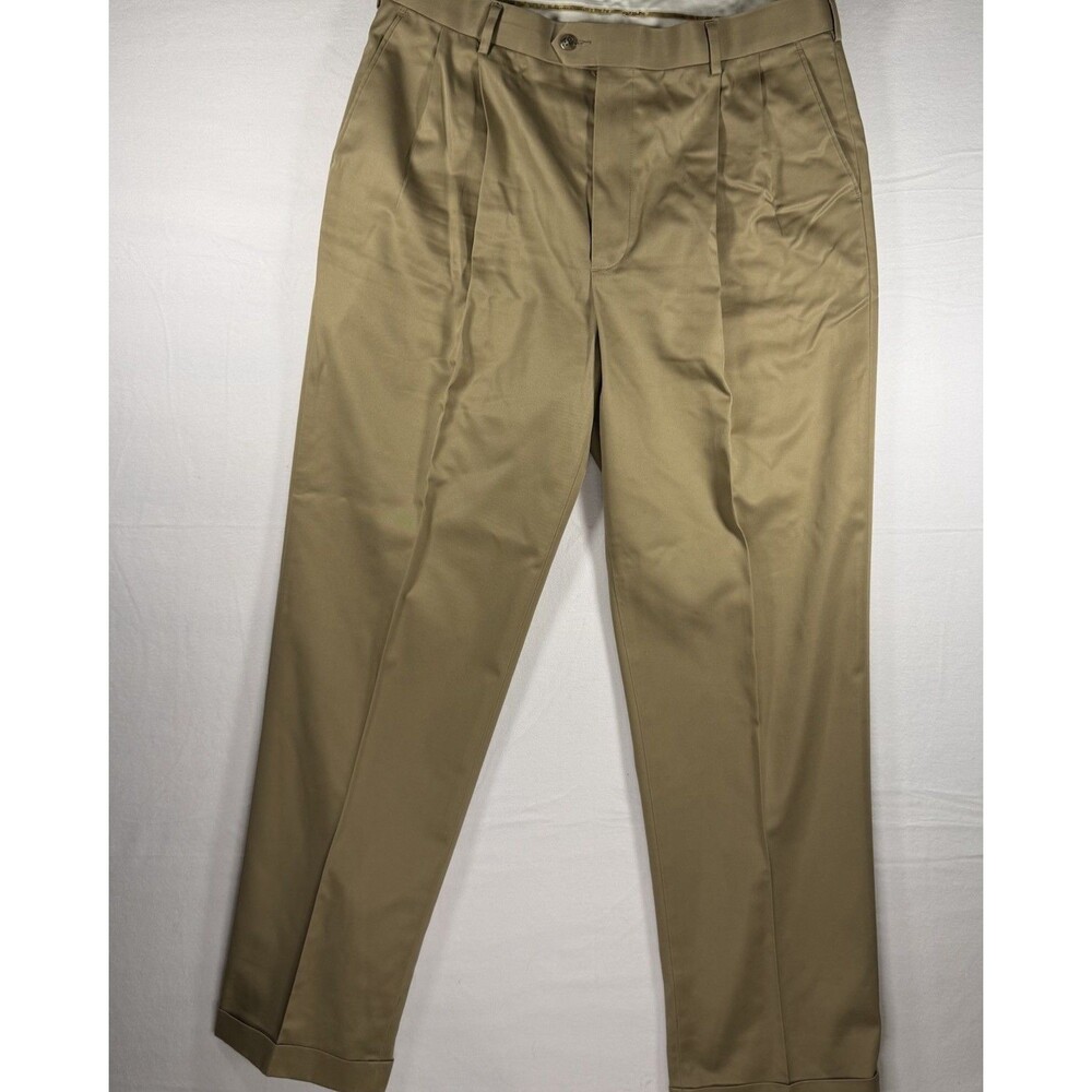 Men’s Roundtree & Yorke Gold Label Pleated Cuffed Dark KhakiPants Slacks Sz36x32